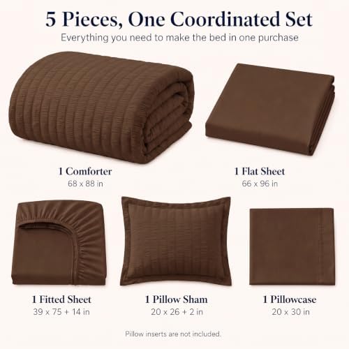 CozyLux Twin Comforter Set, 5 Pieces Brown Seersucker Bed in a Bag - Image 2