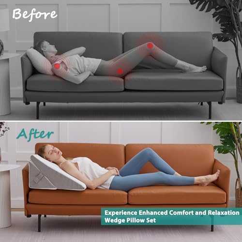 Bedluxe Wedge Pillow for Sleeping, Adjustable 9&12 Inch Foldable Bed Wedge Pillow Set, Orthopedic Memory Foam Triangle Pillows Wedge, 7-in-1 Elevated Pillows for Leg and Back Support, White/Grey - Image 3