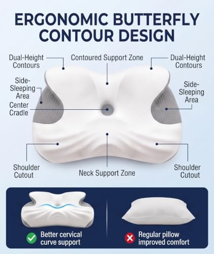 Low Profile Cervical Pillow for Neck Pain Relief, Orthopedic Memory Foam Pillow with Dual Height 4.3" & 5.1" Loft, Cooling Butterfly Contour with Arm Rest for Side and Back Sleepers - Image 2