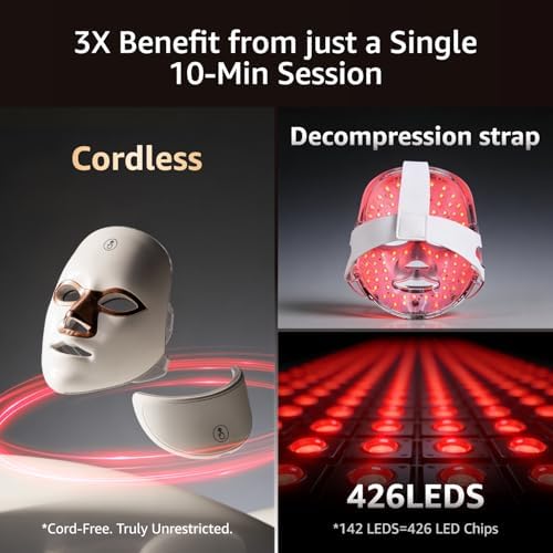 LED Face Mask for Wrinkles, Red Light Therapy for Face, Cordless NIR Red Light Therapy Mask with 7 Light Modes, 426 LEDs Rechargeable for Glowing Skin at Home White - Image 4