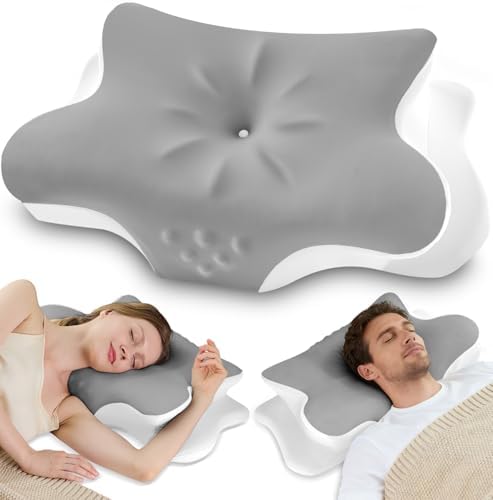 Cervical Neck Pillow for Pain Relief – Ergonomic Memory Foam Pillow for Side Sleeper Contour Orthopedic Bed Pillow for Neck Support with Cooling Cover – Ideal Christmas Birthday Gift - Grey by VJASD