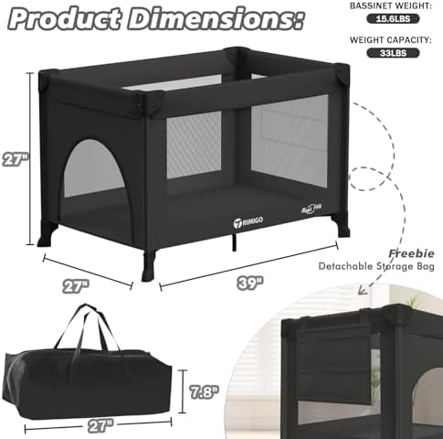 Portable Baby Playard& Playpen with Mattress, Travel Crib, Black - Image 6
