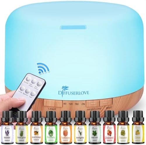 Diffuserlove Diffuser Essential Oil Diffusers 500ML Remote Control Aroma Diffuser Cool Mist Aromatherapy Diffuser with Mute Design, Timer and Auto Shut-Off for Office Living Room Yellow by Diffuserlove