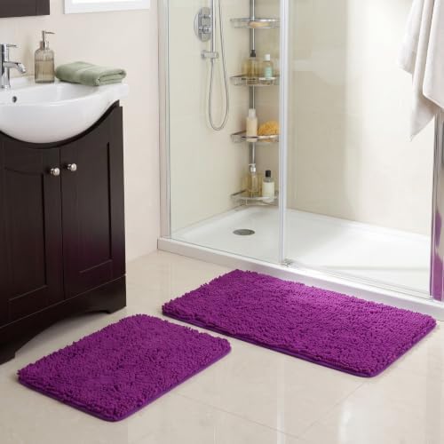 Home Bedford 2 Piece Memory Foam Shag Bath Mat Set - Absorbs Moisture, Dries Quickly, Non Slip Bathroom Rug, Water Absorbent Carpet, Machine Washable - Purple - Image 7