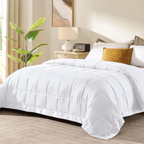 downluxe King Size Blanket with Satin Trim, Lightweight Down Alternative King Blanket for All Season, Machine Washable (White, 108 x 90 Inch) by Downluxe