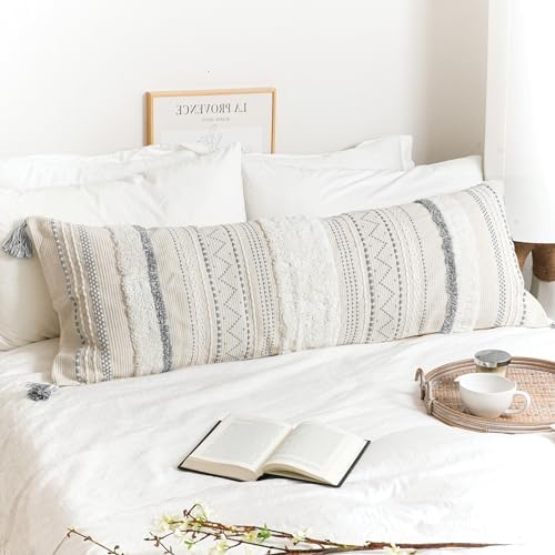BlissBlush 20X54 Oversized Large Lumbar Pillow Cover for Bed, Rectangular Long Decorative Throw Pillowcase, Cotton Boho Accent Cushion with Gray Tufted Pattern and Tassels, Cream Neutral (Cover Only) - Image 5