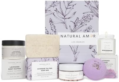 Natural Amor 5-Piece Lavender Spa Gift Set – Bath Bomb, Body Butter, Bar Soap, Bath Salt, Candle – Relaxing Self Care Kit for Women – Gift Box for Birthday, Thank You, Get Well by NATURALAMORLOSANGELES