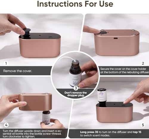 Lecdura Waterless Diffuser for Essential Oil, Battery Operated Scent Air Aromatherapy Diffuser, Mini Aroma Diffusers with 3 Intermittent Mist Modes, Cycle Start for Home Office Bedroom - Rose Gold - Image 7