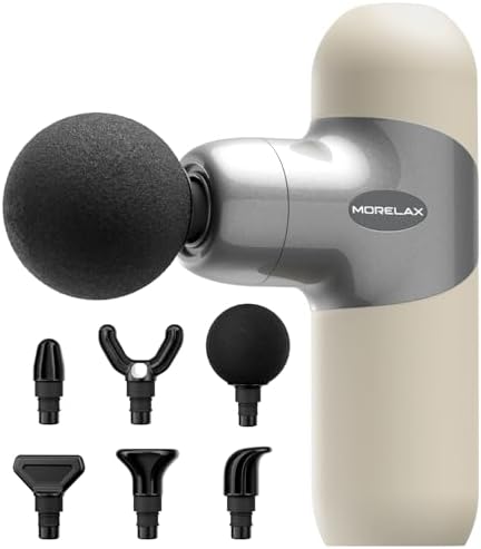 Morelax Mini Massage Gun Deep Tissue, Portable Percussion Muscle Massager for Whole Body Pain Relief, Electric Handheld Sport Massager with 6 Massage Heads 4 Speed, Best Gift (Silver Beige) by Morelax