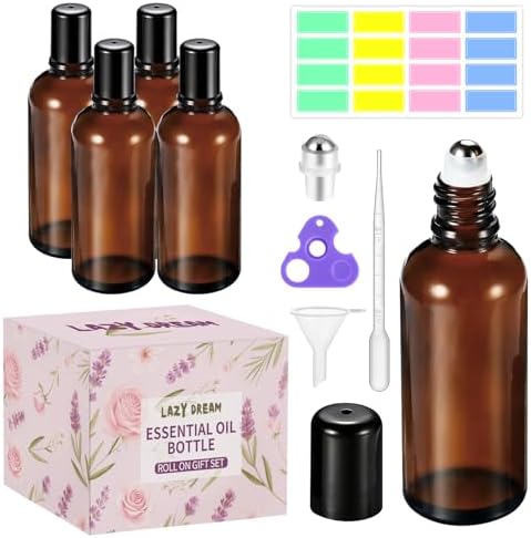 100ML Roller Bottles for Essential Oil, 4 Pack Empty Amber Glass Roller Bottle for Perfume Oil, Roll on Bottles with Stainless Steel Roller Balls, Opener, Funnel and Dropper for Aromatherapy, Massage by Lazy+Dream