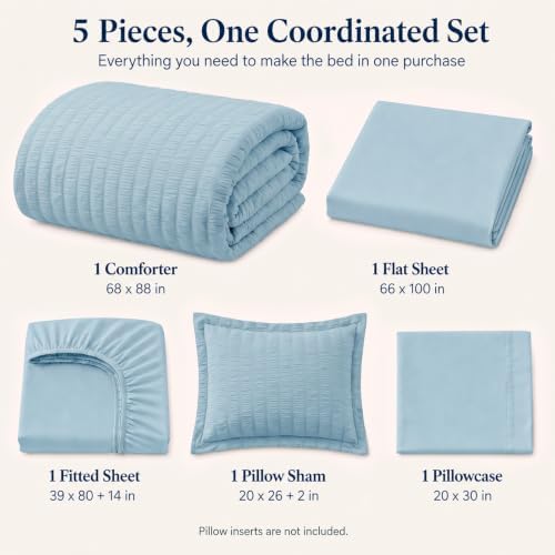 CozyLux Twin XL Comforter Set, 5 Pieces Light Blue Seersucker Bed in a Bag - Image 2