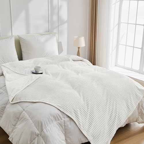 Bnuitland Fleece Throw Blanket for Couch, 300GSM Soft Warm Cozy Fluffy White Throw for Adults & Kids, Stripe Pattern 50"x60", All Season Sofa Bed Blanket for Home Decor - Image 3