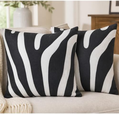 2PCS Pack Decorative Pillowcase Zebra Animal Stripe Dark Gray Black and White Embroidered Decorative Throw Pillow Cover 17x17 inch Grey Black Modern Pattern Animal Stripes Chic Zebra Pillow by Aitliving