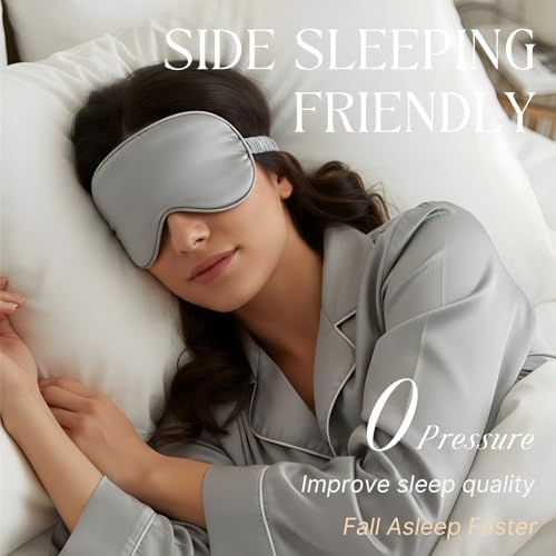 Silver Sleep Eye Mask, Blackout Silk Satin Travel Blindfold Set Women - Image 2