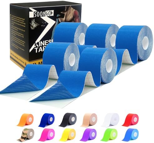 SOON GO Kinesiology Tape Pro 5 Rolls, 2 Inch High Elasticity Sports Tape Therapeutic Pain Relief–Physio Tape for Muscle Recovery & Joint Support, Waterproof & Hypoallergenic & Breathable–Blue by SOON+GO