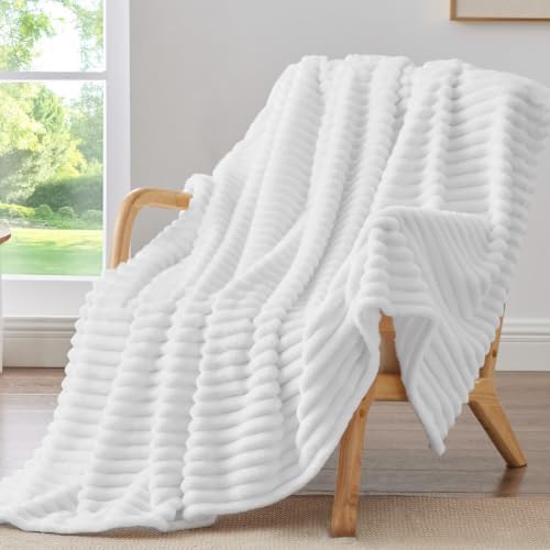 BEDELITE Ribbed Fleece Throw Blanket for Couch, Bright White, 50"x60" by BEDELITE