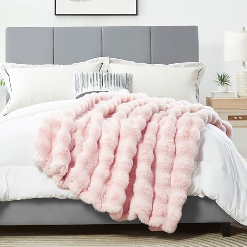 DREAMNINE Soft Faux Bubble Rabbit Fur Throw Blanket for Couch, Thick Cozy Decorative Warm Fuzzy Fur Blanket for Sofa Chair Bedroom Living Room Dorm Women Gift, 50 * 60 Inches, Pink - Image 6
