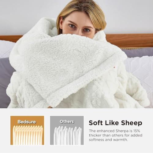 Bedsure Gentlesoft Sherpa Fleece Blanket Twin Size for Bed - Fluffy & Cozy Cable Jacquard Tufted for Women Gift, Thick and Warm Christmas Blanket for Winter, Cream, 60x80 Inches - Image 3