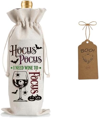 1Pcs Hocus Pocus wine Gifts Wine Bag,Halloween Wine Bag Happy Hallo wine Halloween Gifts Party Decorations for Women Men with 1Pcs Kraft Blessing Cards and natural jute rope by Yourloveisourmotivation%EF%BC%81