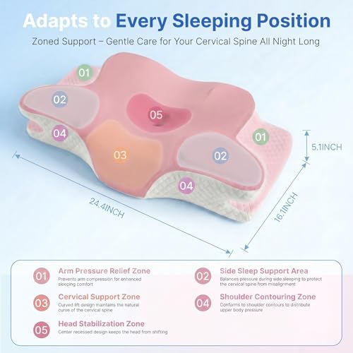 Cervical Pillow for Neck Pain Relief, Orthopedic Memory Foam Pillow with Cooling Cover, Contour Ergonomic Support for Side Back Stomach Sleepers (Pink) - Image 2