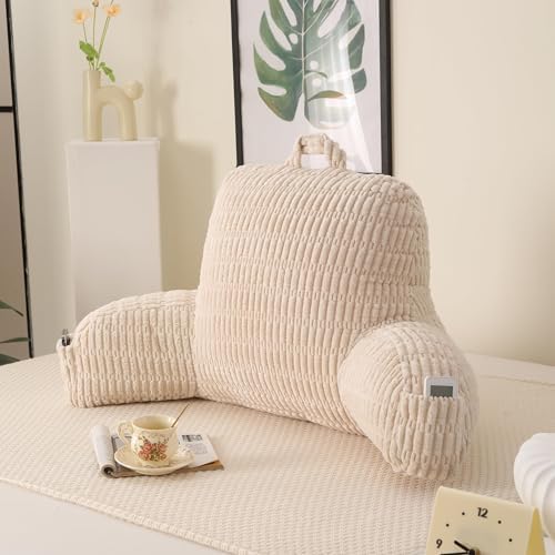 Large Reading Pillow for Sitting Up with Arms,White Corduroy by PAJEO
