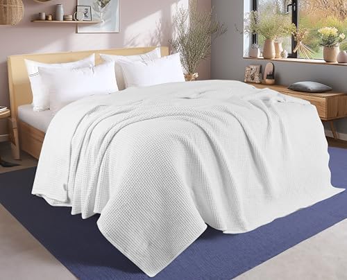 Tex Trend 100% Cotton Waffle Weave Blanket Queen Size - Soft, Breathable Cooling Blanket for Bed, Lightweight Cozy Summer & Spring Bedding, White, 90x90 - Image 3