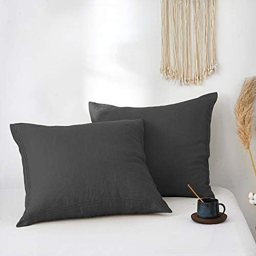 Simple&Opulence 100% French Linen Euro Shams with Embroidery (26'' x 26'') - Pack of 2 - Pre Washed Solid Color Natural Flax Soft Breathable - Dark Grey by SimpleOpulence