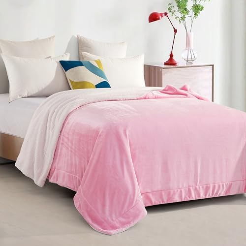 Elegant Comfort Ultra Soft Reversible Flannel Sherpa Blanket - Cozy Silky Fleece Throw for Couch, Bed - Plush Fuzzy Warm Winter Blanket for Gift, Twin, Light Pink - Image 3