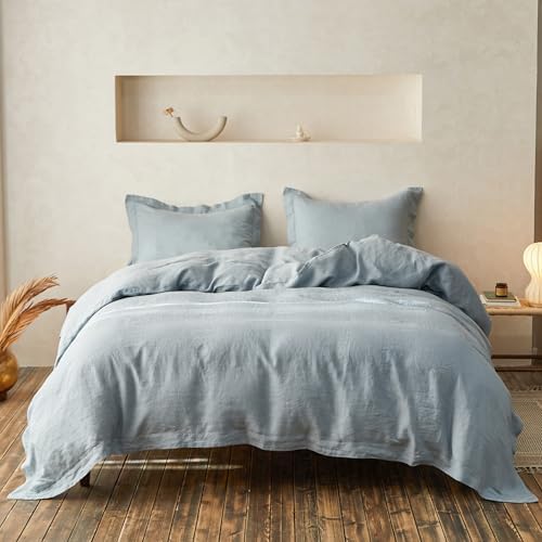 Simple&Opulence 100% Linen Duvet Cover Set with Crossed Embroidery Washed - 3 Pieces (1 Duvet Cover with 2 Pillow Shams) Soft Breathable Farmhouse - Dusty Blue, Queen Size by SimpleOpulence