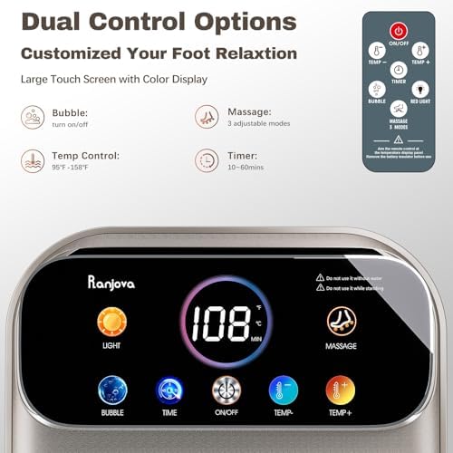 Ranjova Foot Spa Electric Rotary Massage, with Color Touch Screen and Remote Control, Foot Bath Massager with Heat, Bubble, Adjustable Temp, and 24 Motorized Shiatsu Massage Balls (Dark Grey) - Image 2