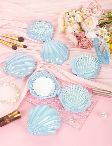 8 Pcs Foldable Travel Shell Hair Brush with Mirror - Image 2