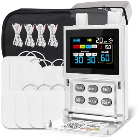 TENS Unit EMS Muscle Stimulator for Pain Relief, 4-Channel 4-in-1 Pulse Massager, 60 Modes, 30 Intensity Levels, Color LCD, Type-C Rechargeable, 10 Pads for Back Neck Shoulder Sciatica by NexMedio