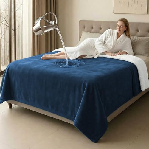 Tisancy King Size Waterproof Blanket for Bed Couch, 80'' x 80'' Double Side Leakproof Reversible Sherpa Flannel Fleece 3-Layer Lightweight Blanket, Absorbs 70oz(Navy Blue/White), Machine Washable by Tisancy