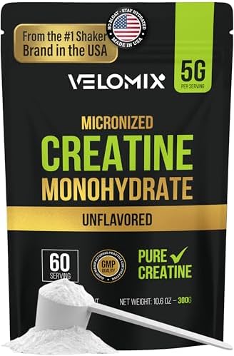 VELOMIX Micronized Creatine Monohydrate Powder - 100% Pure Creatine Powder Unflavored and Easy to Mix | Supports Muscle Growth, Recovery, and Strength | 5000mg Per Serv (5g) - 60 Servings by VELOMIX