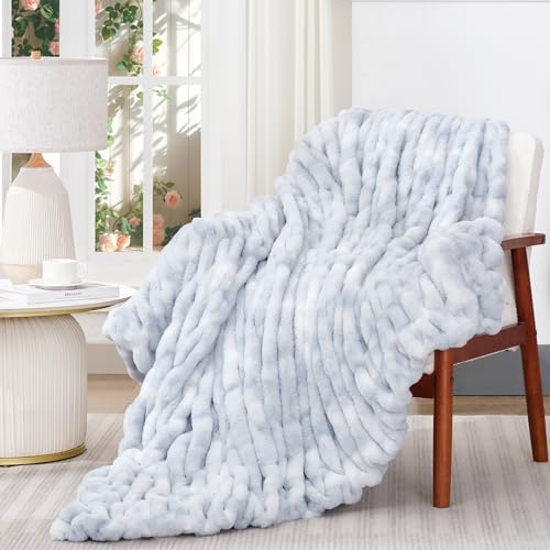 Touchat Ruched Rabbit Faux Fur Blanket Twin, Fluffy Soft Cozy,Tie-dye Blue by TOUCHAT