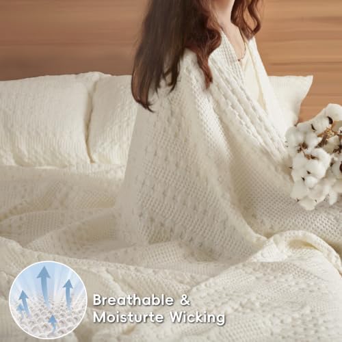 PHF Lightweight 100% Cotton Waffle Blanket for Bed, King, Ivory - Image 3