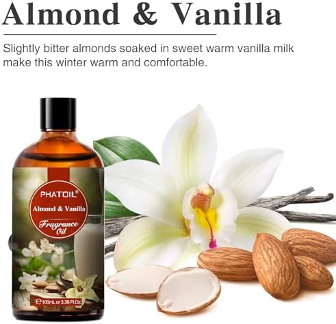 PHATOIL 3.38FL.OZ Almond Vanilla Fragrance Oils for Aromatherapy, Essential Oils for Diffusers for Home, Perfect for Diffuser, Yoga, Skin Care, DIY Candle and Soap Making - 100ml - Image 2