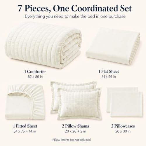 CozyLux Full Size Comforter Sets, 7 Pieces Ivory Seersucker Bed in a Bag - Image 2