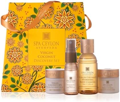 Spa Ceylon Ayurveda Virgin Coconut Discovery Set – 4-Piece Natural Body & Hair Gift Set – Body Cleanser, Ultra-Rich Body Cream, Hair Oil & Face Body Scrub, Cold Pressed Ceylon Coconut by SPACEYLON