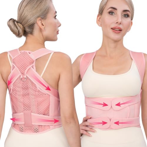 Back Brace Posture Corrector for Women & Men, Adjustable Full Back Support, Shoulder Straightener for Upper & Lower Back Pain Relief-Scoliosis, Hunchback, Waist Trainer (Small, Pink) by Unknown