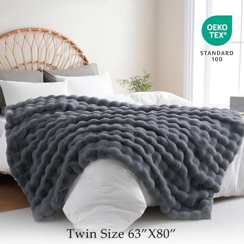 BENVWE Faux Fur Throw Blanket for Couch Bed - Fluffy Soft Thick Bubble Blanket for Living Room Home Decor - Fathers Day Birthday Gifts for Women Men, Grey, 63" x 80" - Image 2