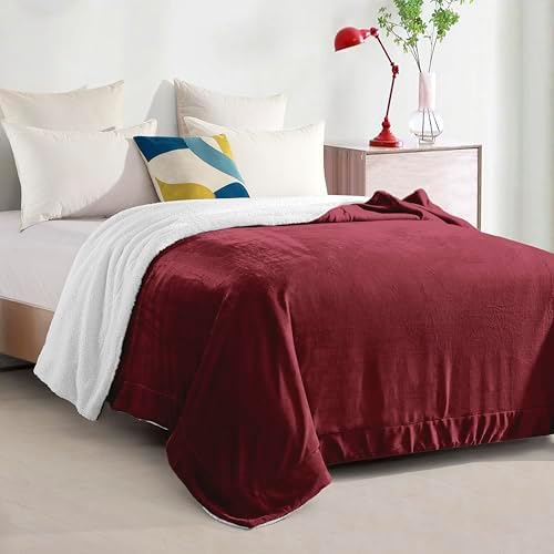 Elegant Comfort Ultra Soft Reversible Flannel Sherpa Blanket - Cozy Silky Fleece Throw for Couch, Bed - Plush Fuzzy Warm Winter Blanket for Gift, Full, Burgundy - Image 3