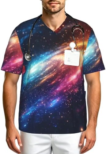 Men's Scrub Top,V-Neck Spill Wrinkle Resistant,3 Pockets-Space Galaxy (3) by Unknown