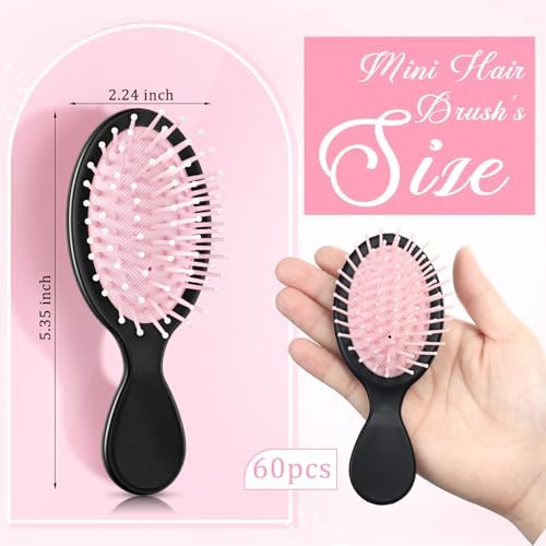 60 Pcs Black Pink Mini Hair Brushes Bulk Travel Wet Dry Hair Combs Pocket Detangling Compact for Spa Sleepover Birthday Bridal Shower Bachelorette Party Favors Homeless - Image 2