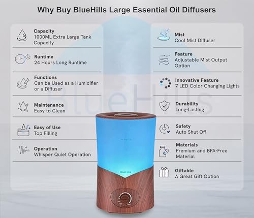 BlueHills 1000 ML Essential Oil Diffuser Premium Humidifier Large Dark Wood - Image 2