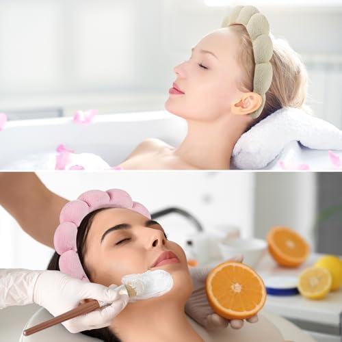 Ztomine Headband, Set of 2 - Terry Cloth Spa Headbands for Washing Face or Facial, Puffy Makeup Headbands for Face Washing, Mask - 1 Beige + 1 Pink - Image 3