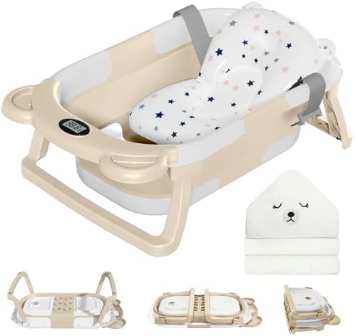 MoreFeel Collapsible Baby Bathtub for Newborn with Thermometer & 1 Hooded Towel & 1 Soft Floating Cushion,Portable Travel Bathtub with Drain Hole, Durable Foldable Baby Tubs for Infants to Toddler by Morefeel