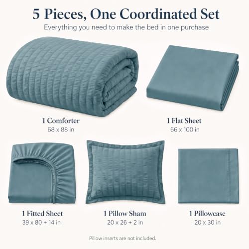 CozyLux Twin XL Comforter Set 5 Pieces Mineral Blue Seersucker Bed in a Bag - Image 2