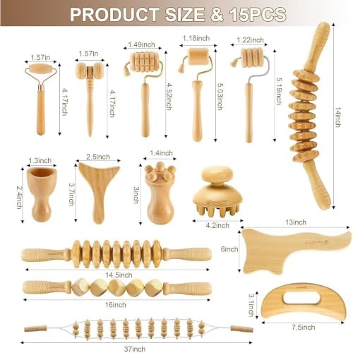 15 Pcs Wood Therapy Massage Tools Set, Wooden Rollers, Gua Sha & Facial Massage Tools for Body Sculpting and Self Care, Full Body Home Spa Kit - Image 2