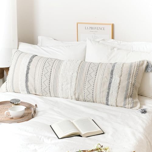 BlissBlush 20X54 Oversized Large Lumbar Pillow Cover for Bed, Rectangular Long Decorative Throw Pillowcase, Cotton Boho Accent Cushion with Gray Tufted Pattern and Tassels, Cream Neutral (Cover Only) by BlissBlush